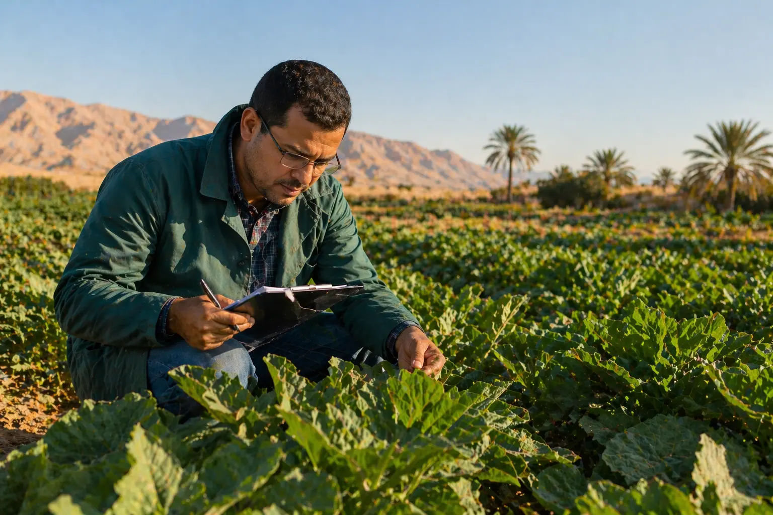 Technicien agronome CMGP Group observant des cultures dans un champ marocain