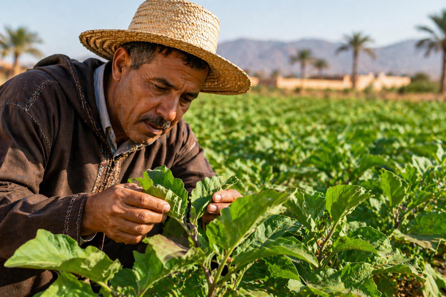 Agriculteur marocain inspectant des cultures dans un champ