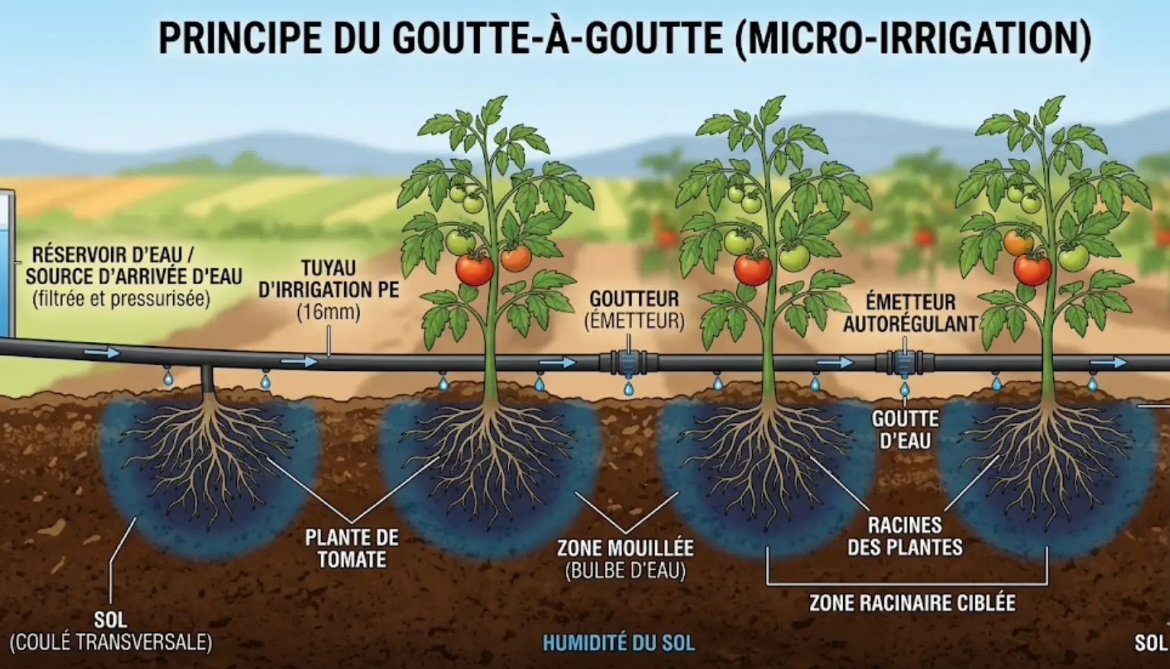 Schéma du principe du goutte-à-goutte — irrigation localisée Maroc